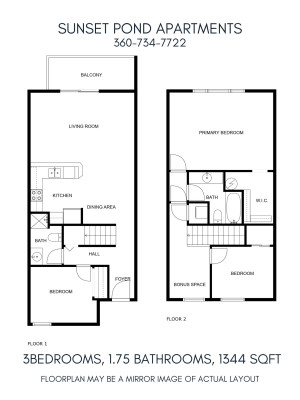 3 x 1.75, 1344 sq.ft. Townhouse 